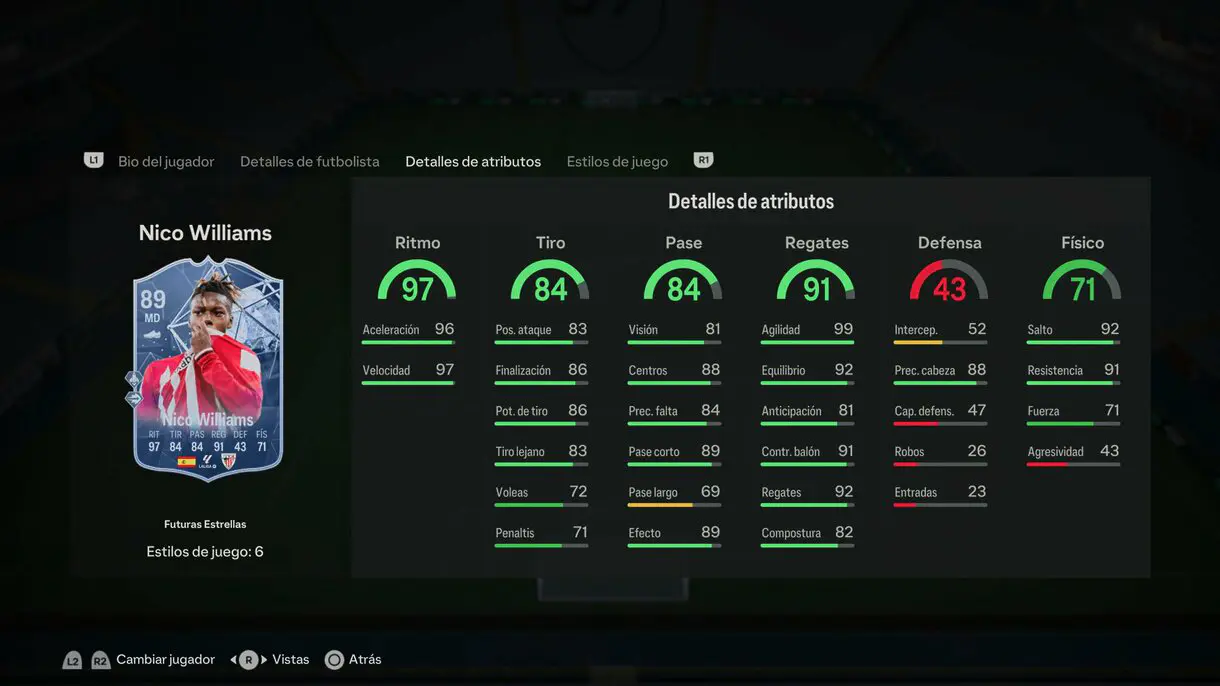 Stats in game Nico Williams Future Stars EA Sports FC 24 Ultimate Team
