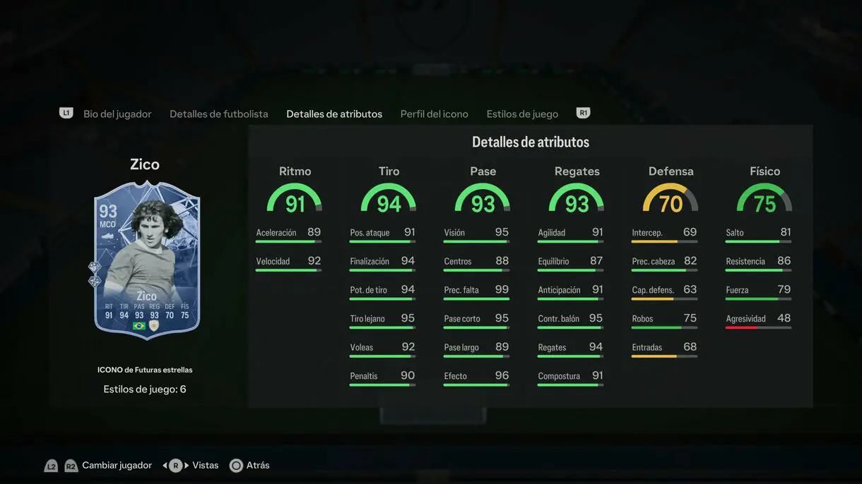 Stats in game Zico Icono de Futuras estrellas EA Sports FC 24 Ultimate Team