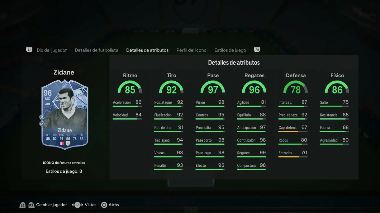Stats in game Zidane Icono de Futuras estrellas EA Sports FC 24 Ultimate Team