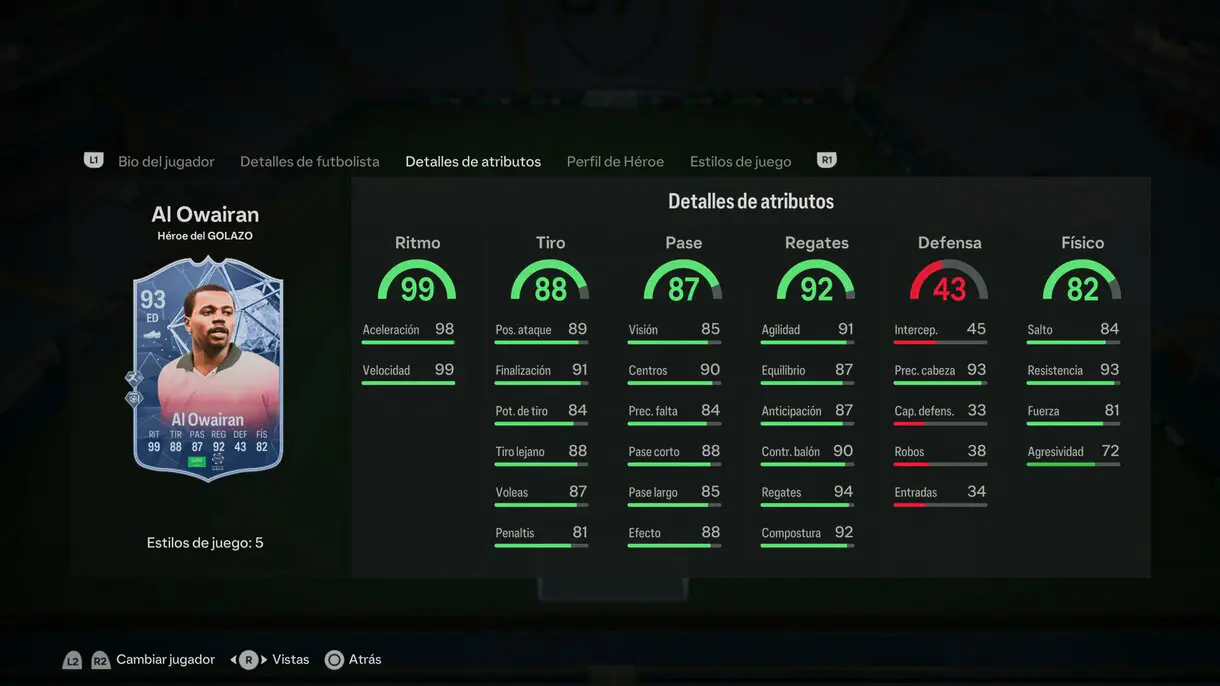 Stats in game Al Owairan Héroe del GOLAZO EA Sports FC 24 Ultimate Team
