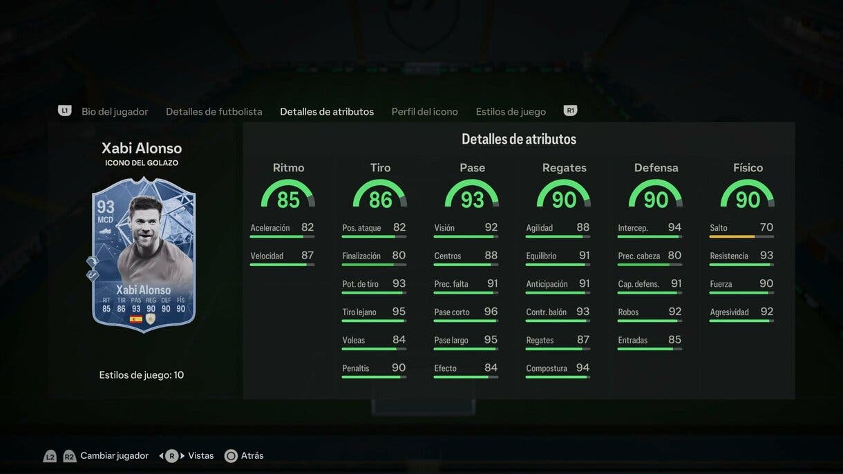 Stats in game Xabi Alonso Icono del GOLAZO EA Sports FC 24 Ultimate Team
