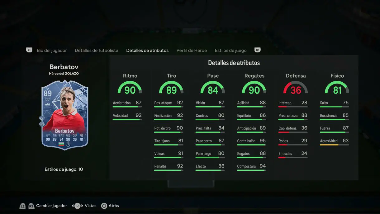 Stats in game Berbatov Héroe del GOLAZO 89 EA Sports FC 24 Ultimate Team
