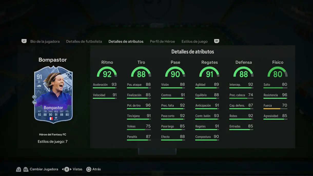 Stats in game Bompastor Héroe del Fantasy FC EA Sports FC 24 Ultimate Team