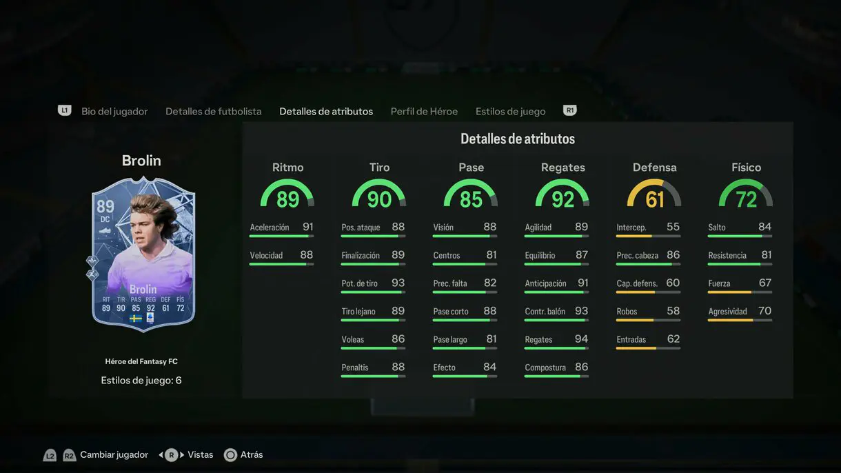 Stats in game Brolin Héroe del Fantasy FC EA Sports FC 24 Ultimate Team