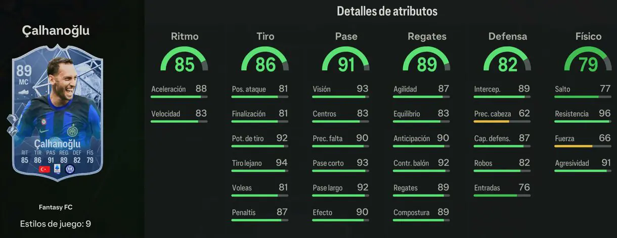 Stats in game Çalhanoglu Fantasy FC 89 EA Sports FC 24 Ultimate Team