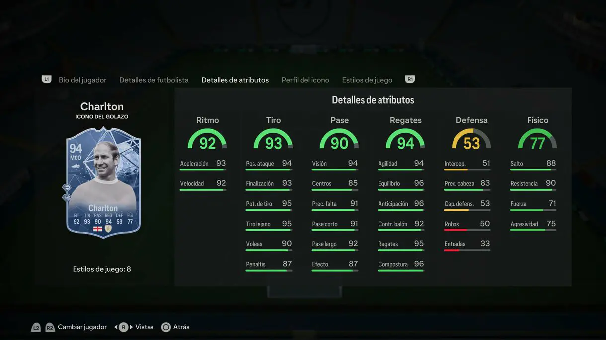 Stats in game Charlton Icono del GOLAZO EA Sports FC 24 Ultimate Team