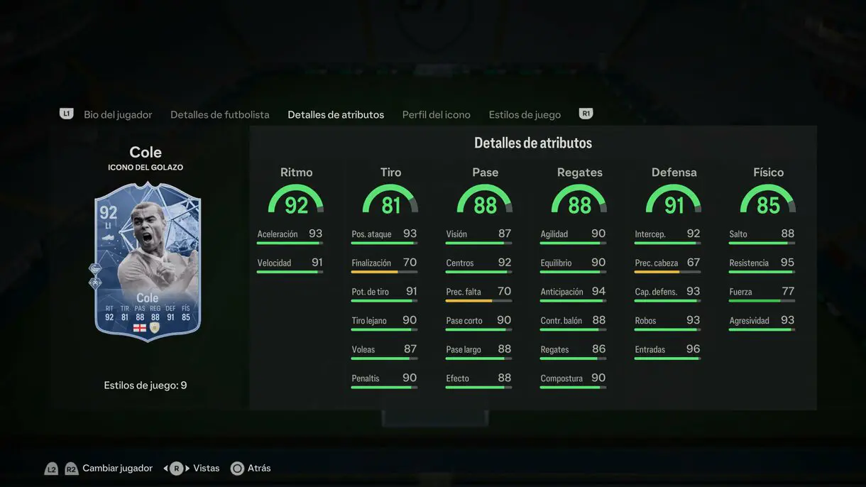 Stats in game Cole Icono del GOLAZO EA Sports FC 24 Ultimate Team