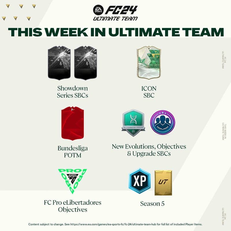 Diseño sobre algunos de los contenidos que estarán disponibles esta semana (11 de marzo a 17) en EA Sports FC 24 Ultimate Team