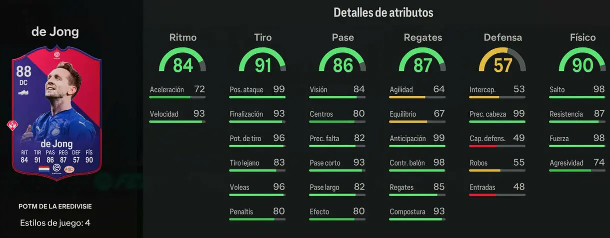 Stats in game de Jong POTM EA Sports FC 24 Ultimate Team