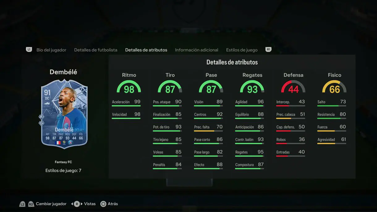 Stats in game Dembélé Fantasy FC EA Sports FC 24 Ultimate Team