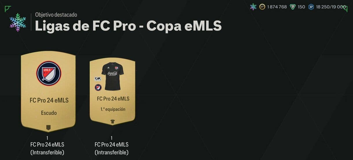 Escudo y equipación que aparecen como recompensas del objetivo individual Inicio de la Copa de eMLS EA Sports FC 24 Ultimate Team