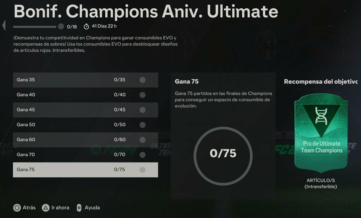 Objetivo de Gana 75 del grupo Bonif. Champions Aniv. Ultimate, mostrando el artículo de Evolución Pro de Ultimate Team Champions EA Sports FC 24 Ultimate Team