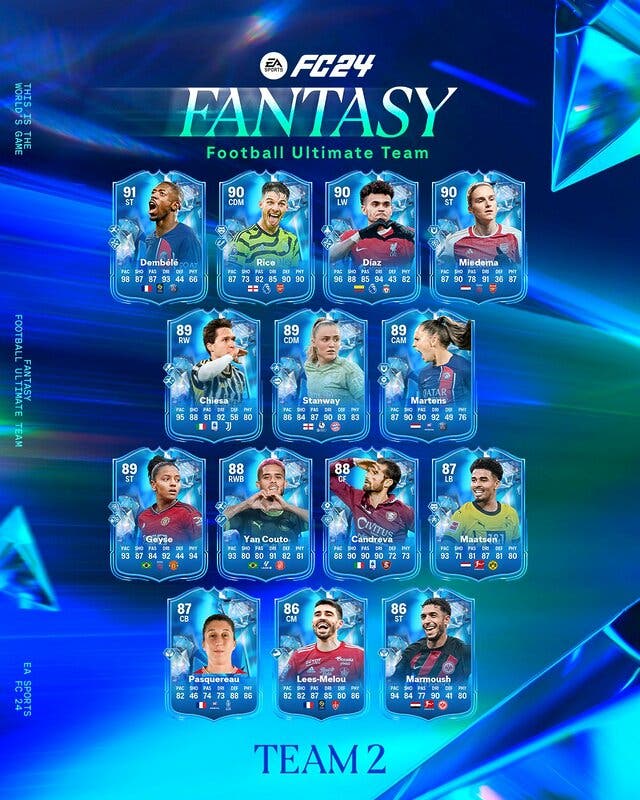Diseño con todas las cartas del segundo equipo Fantasy FC de EA Sports FC 24 Ultimate Team