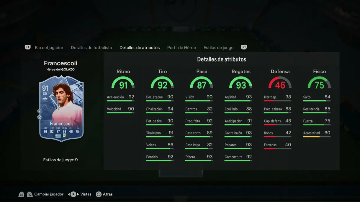 Stats in game Francescoli Héroe del GOLAZO EA Sports FC 24 Ultimate Team
