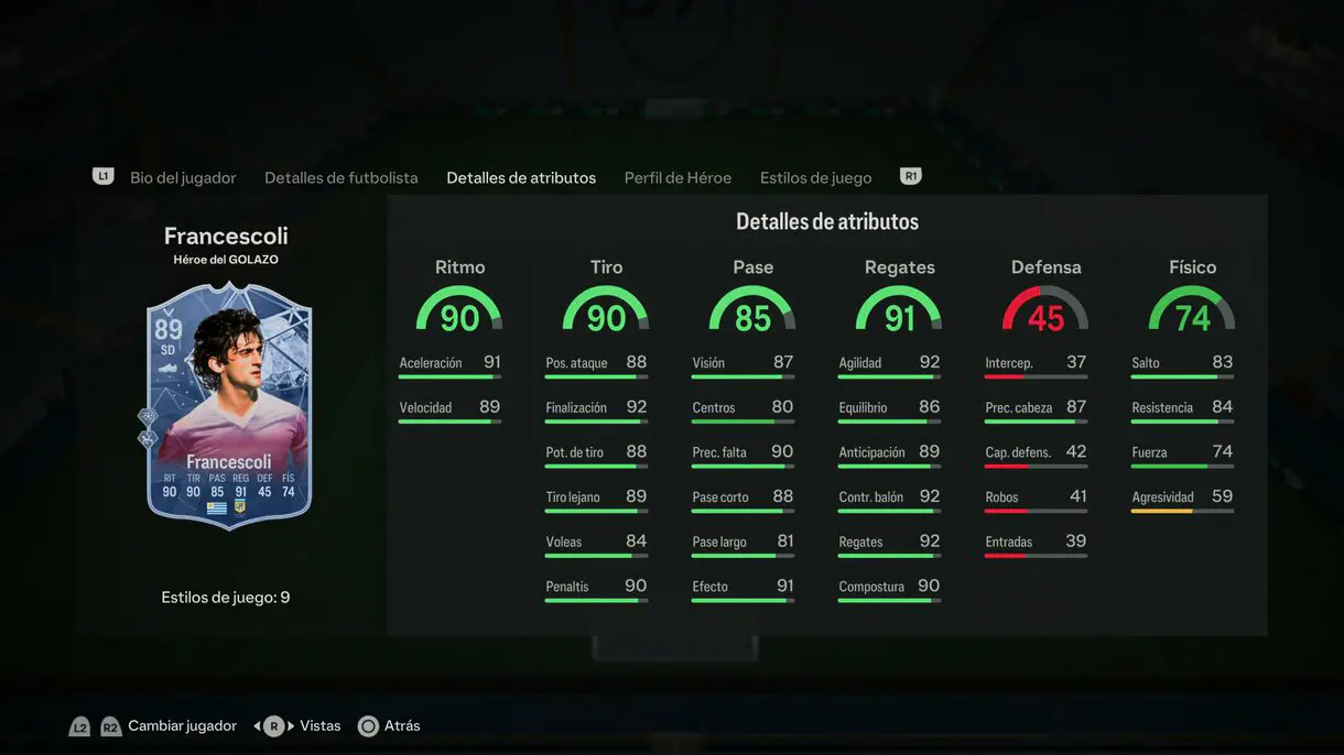 Stats in game Francescoli Héroe del GOLAZO 89 EA Sports FC 24 Ultimate Team