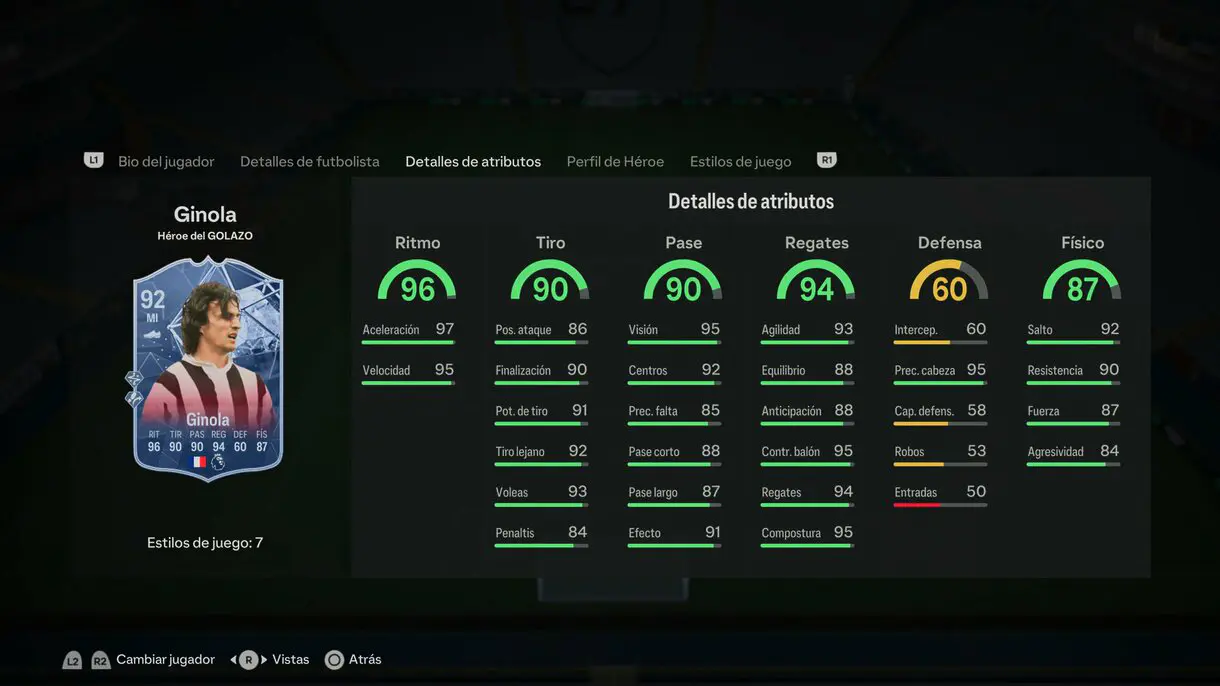 Stats in game Ginola Héroe del GOLAZO EA Sports FC 24 Ultimate Team