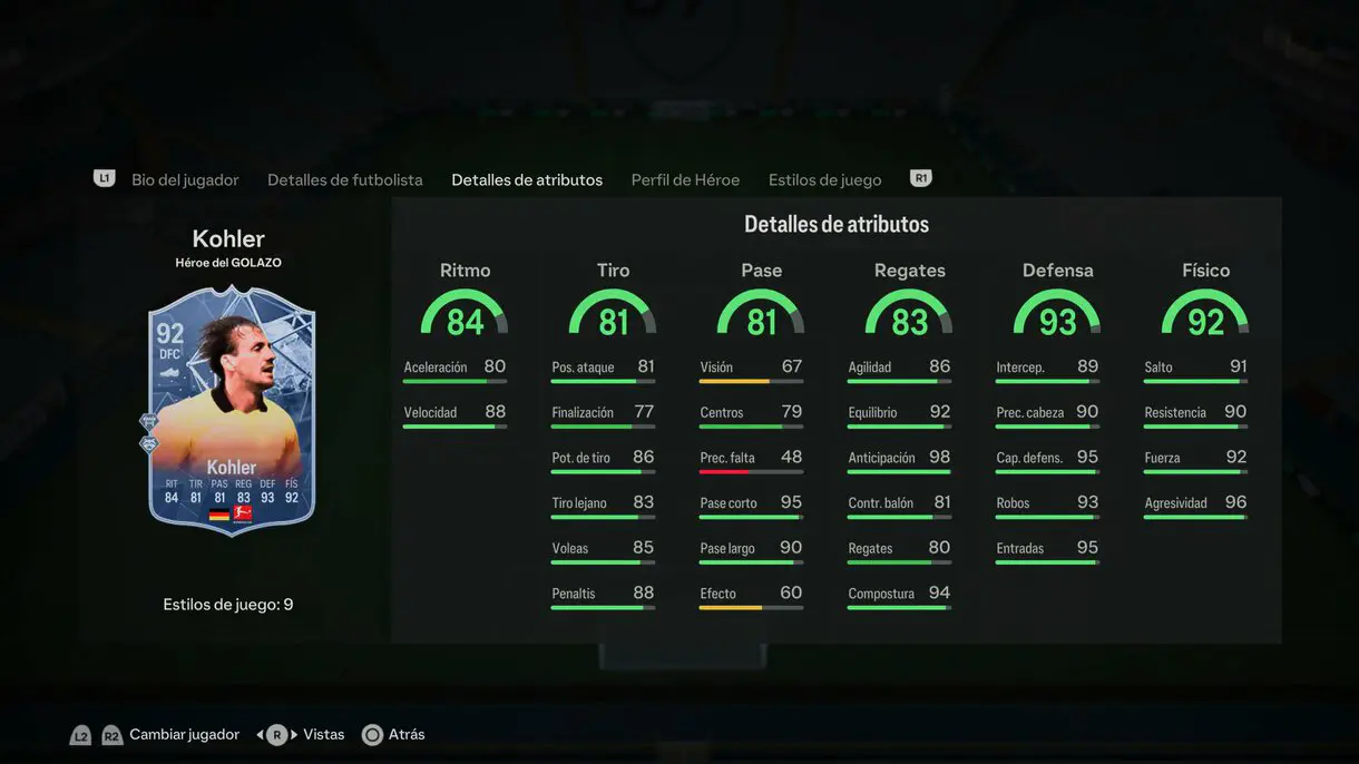 Stats in game Kohler Héroe del GOLAZO EA Sports FC 24 Ultimate Team