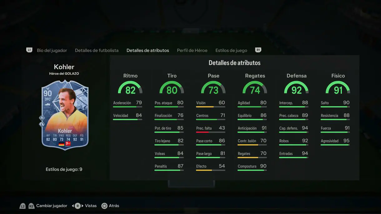 Stats in game Kohler Héroe del GOLAZO 90 EA Sports FC 24 Ultimate Team
