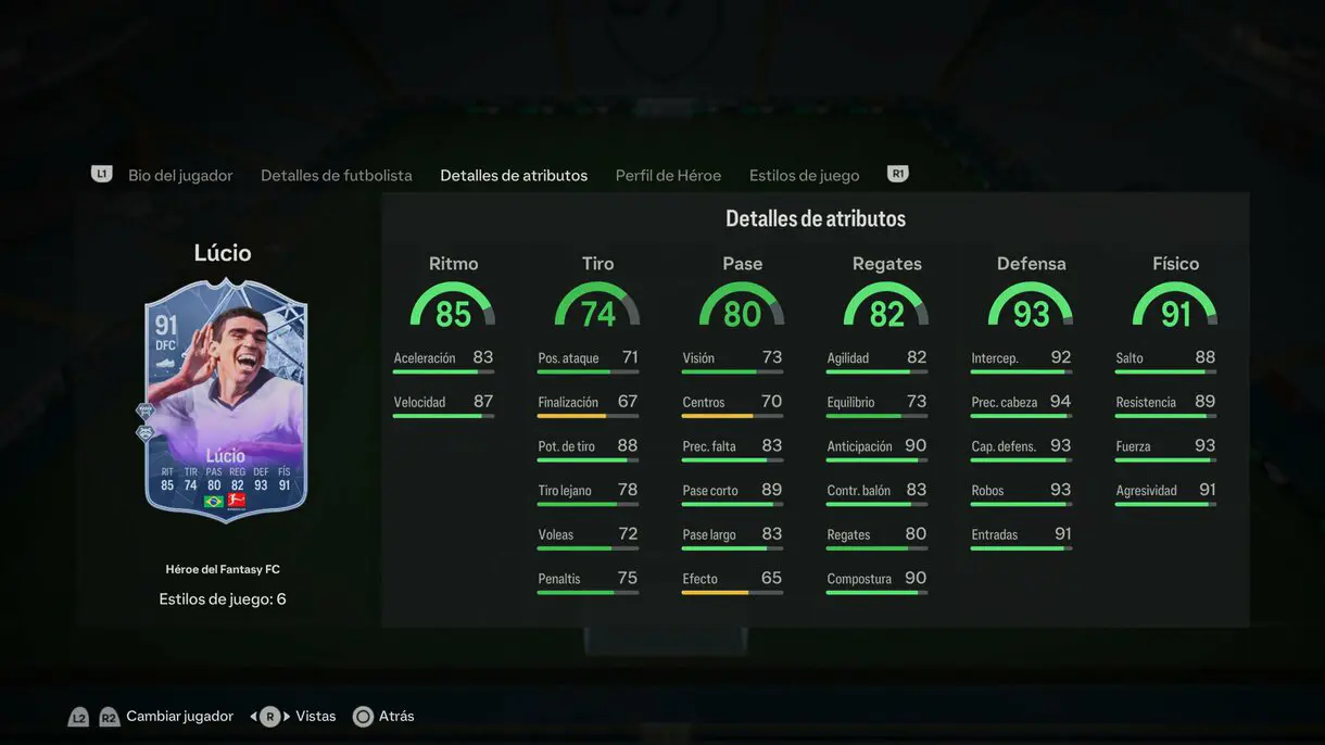 Stats in game Lúcio Héroe del Fantasy FC EA Sports FC 24 Ultimate Team