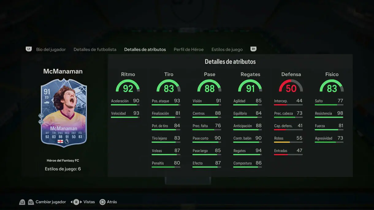 Stats in game McManaman Héroe del Fantasy FC EA Sports FC 24 Ultimate Team