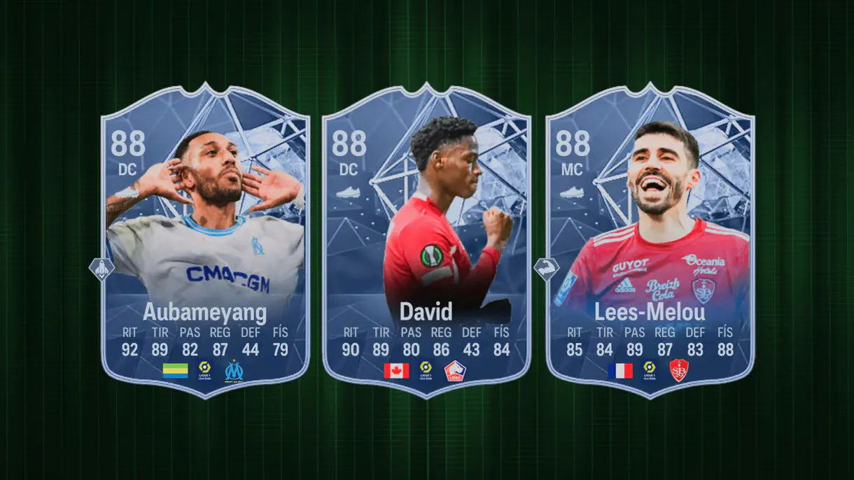 Cartas (en conceptuales) de Aubameyang POTM, Jonathan David RTTF y Lees-Melou Fantasy FC EA Sports FC 24 Ultimate Team