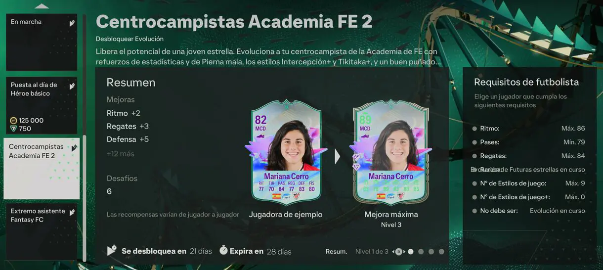 Menú Evoluciones EA Sports FC 24 Ultimate Team mostrando la información de Centrocampistas Academia FE 2