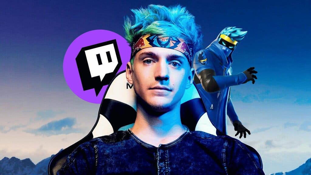 Ninja junto al logo de Twitch y su Skin de Fortnite