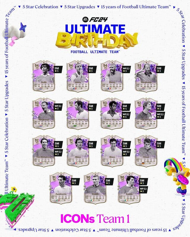 Diseño con todas las cartas del primer equipo de Iconos del Aniversario Ultimate de EA Sports FC 24 Ultimate Team