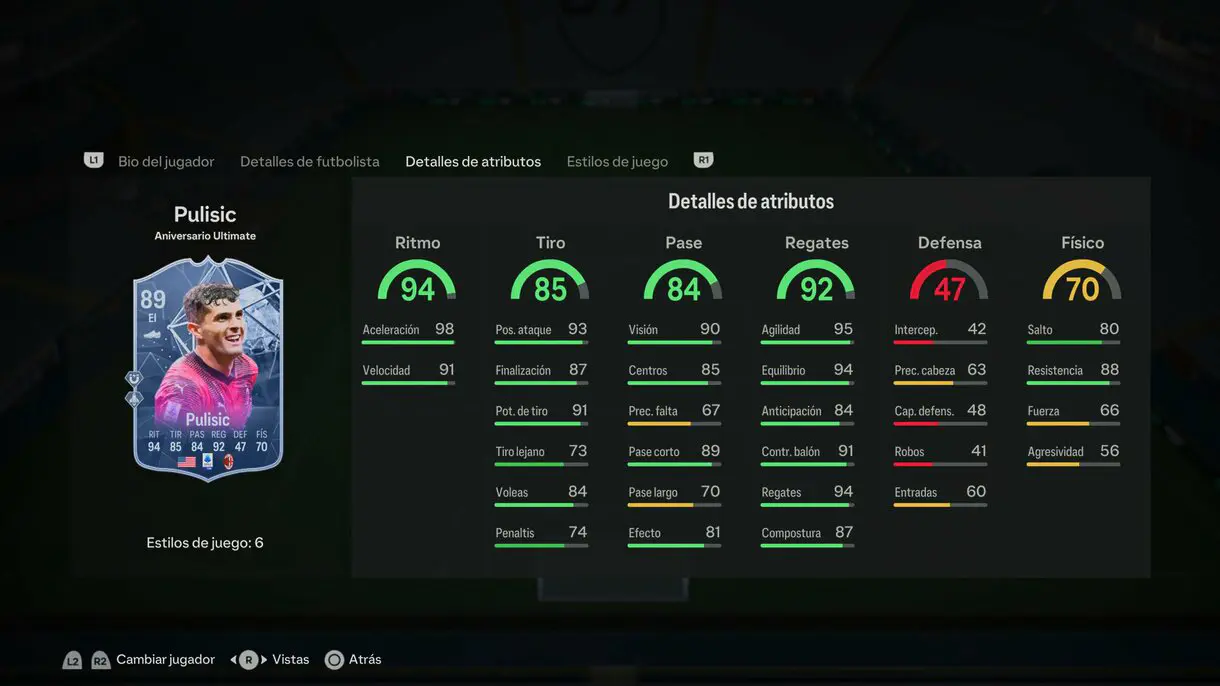 Stats in game Pulisic Ultimate Birthday EA Sports FC 24 Ultimate Team