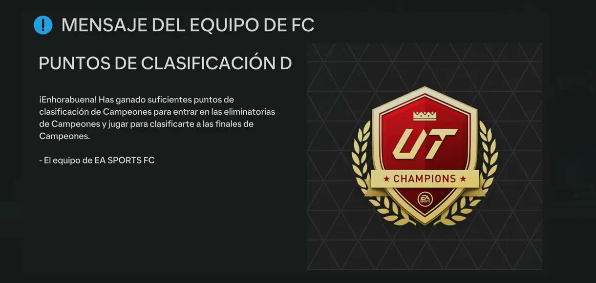 Mensaje informando sobre que cuento con suficientes puntos de clasificación para Champions EA Sports FC 24 Ultimate Team