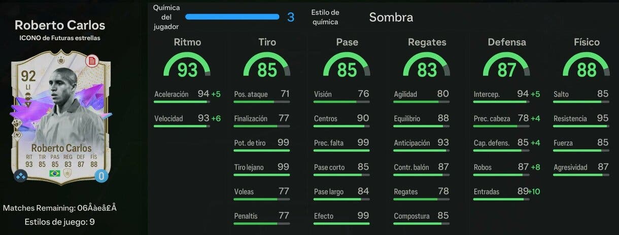 Stats in game Roberto Carlos Icono de Futuras estrellas EA Sports FC 24 Ultimate Team
