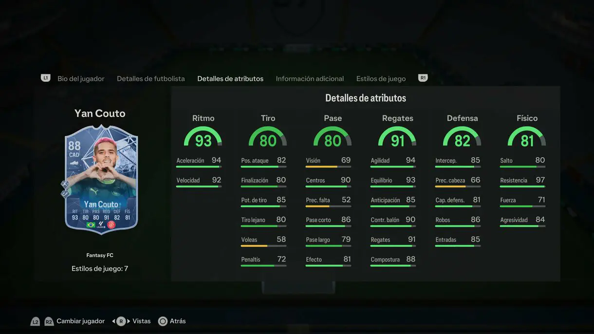 Stats in game Yan Couto Fantasy FC EA Sports FC 24 Ultimate Team