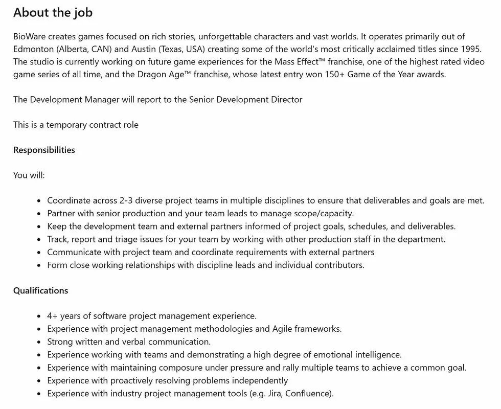 bioware temp dev manager job posting