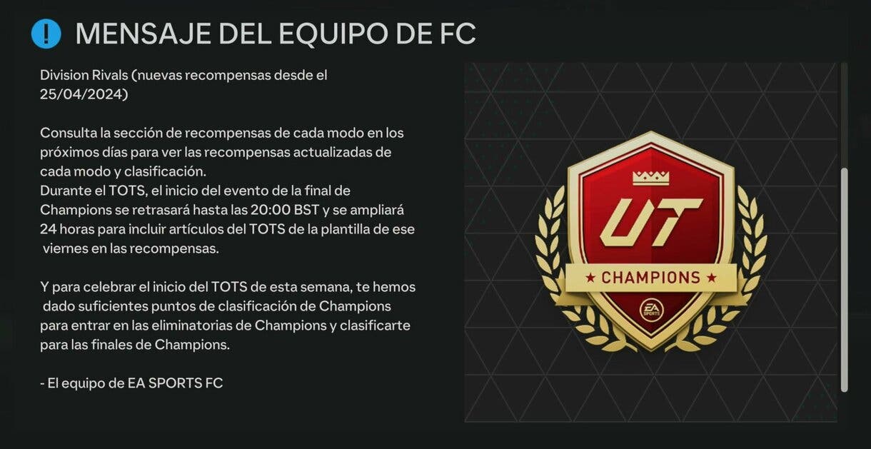 Parte del mensaje del equipo de FC sobre los cambios en las recompensas de Rivals, Champions y Squad Battles EA Sports FC 24 Ultimate Team