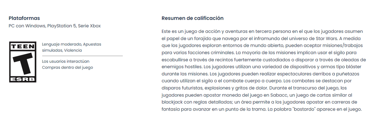 Star Wars Outlaws ESRB
