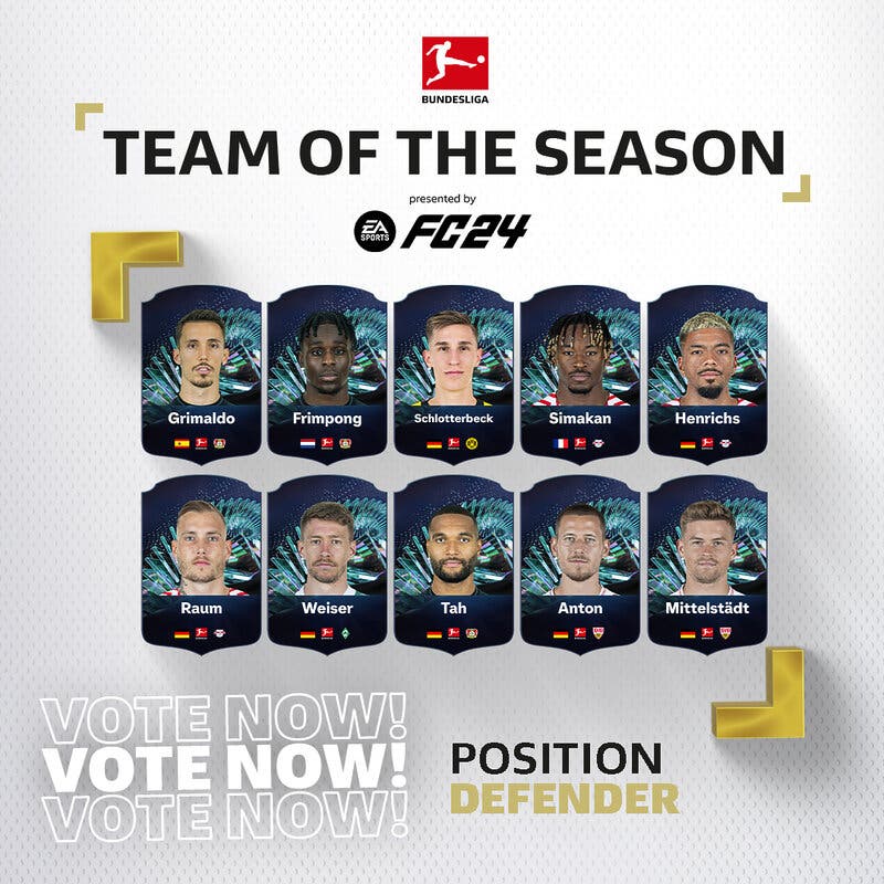 Diseño con cartas nominados a TOTS (sin media ni stats) de los defensas candidatos al TOTS de la Bundesliga para EA Sports FC 24 Ultimate Team