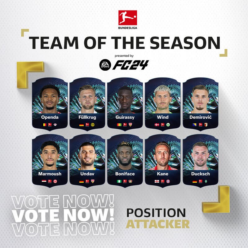 Diseño con cartas nominados a TOTS (sin media ni stats) de los delanteros candidatos al TOTS de la Bundesliga para EA Sports FC 24 Ultimate Team