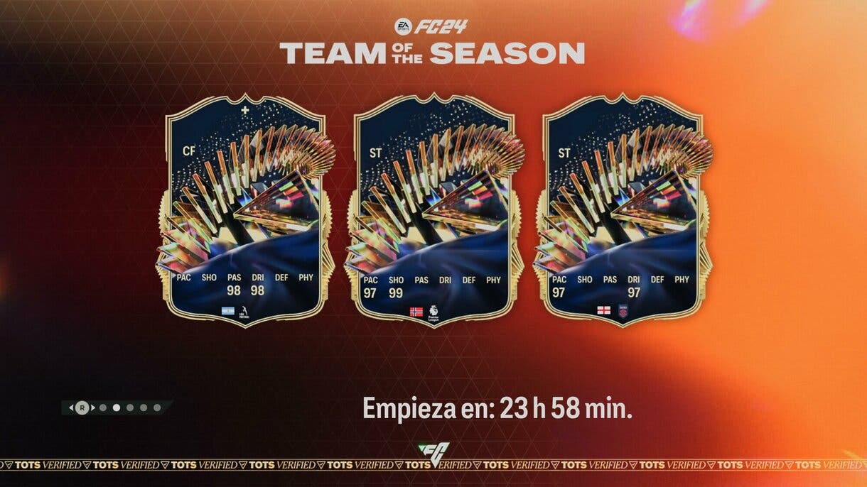 Pantalla de carga EA Sports FC 24 Ultimate Team con pistas sobre tres cartas de los próximos Equipos de la Temporada