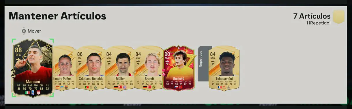 Artículos sin asignar Rosický Héroe del GOLAZO 90, Mancini IF y cartas oro Paños, Ronaldo, Müller, Brandt y Tchouaméni EA Sports FC 24 Ultimate Team