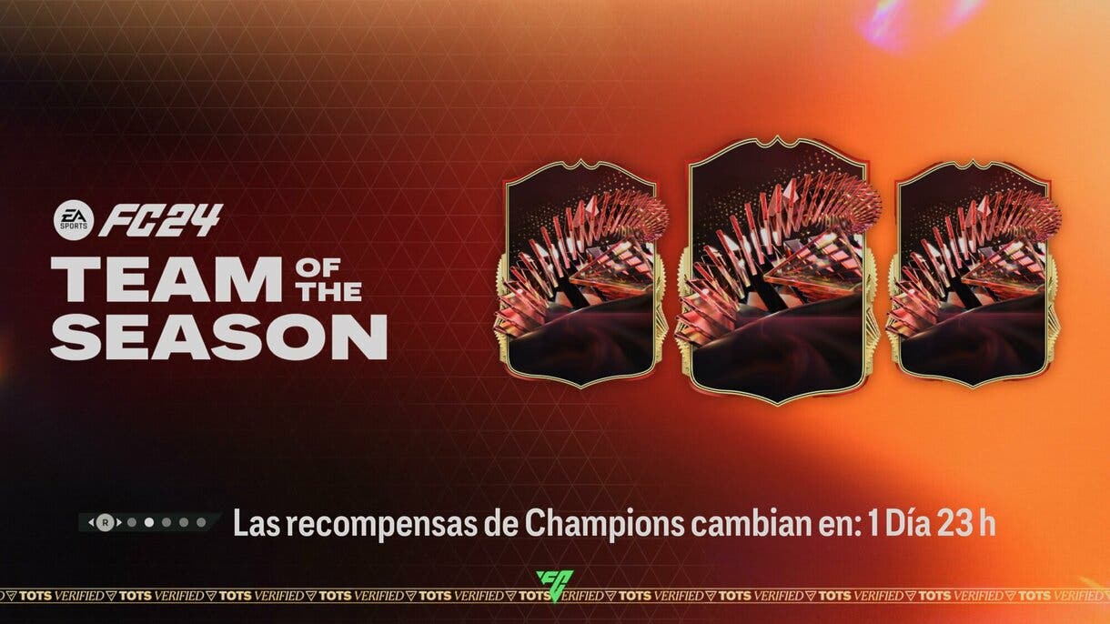 Pantalla de carga de EA Sports FC 24 Ultimate Team mostrando las cartas TOTS rojas de Champions