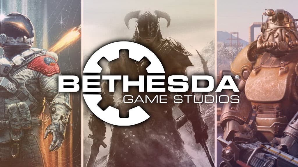 Skyrim, Fallout 4 y Starfield con el logo de Bethesda