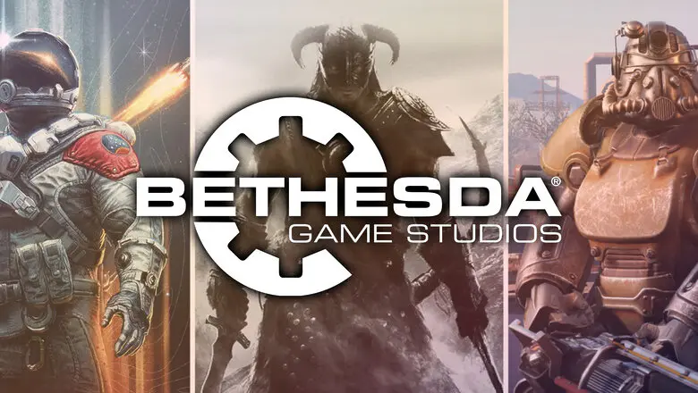 Skyrim, Fallout 4 y Starfield con el logo de Bethesda