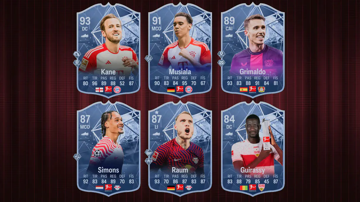 Diseño con las mejores cartas en EA Sports FC 24 Ultimate Team de Kane, Musiala, Grimaldo, Simons, Raum y Guirassy