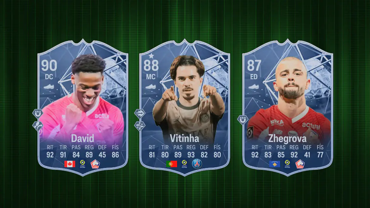 Diseño con las mejores cartas en EA Sports FC 24 Ultimate Team de Jonthan David, Vitinha y Zhegrova
