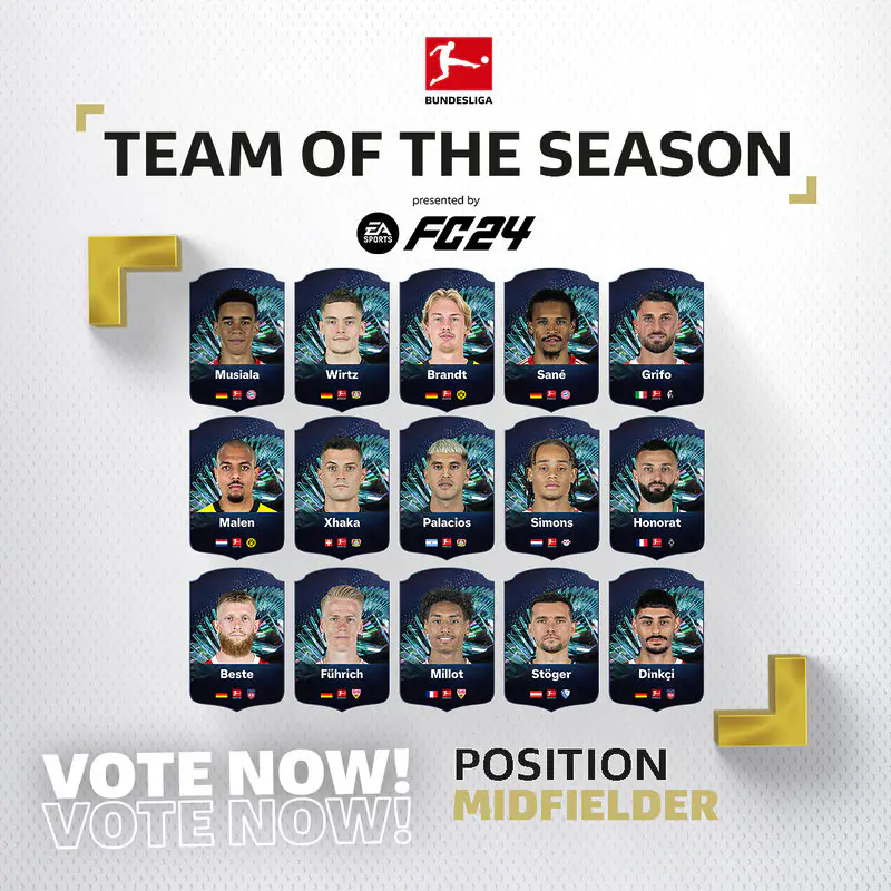 Diseño con cartas nominados a TOTS (sin media ni stats) de los mediocentros candidatos al TOTS de la Bundesliga para EA Sports FC 24 Ultimate Team