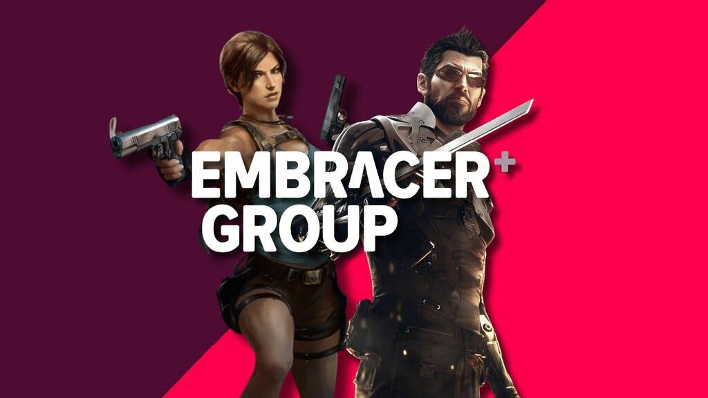 Lara Croft (Tomb Raider) y Adam Jensen (Deus Ex), junto al logo de Embracer Group