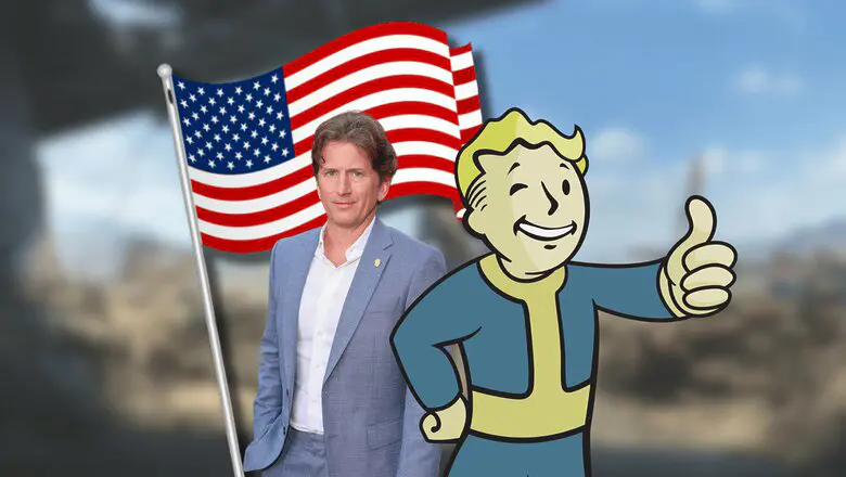 Todd Howard delante de la bandera norteamericana