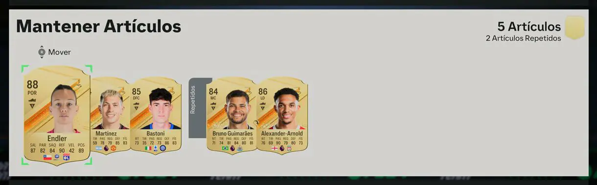 Cartas oro sin asignar (Endler, Martínez, Bastoni, Guimaraes y Alexander-Arnold) EA Sports FC 24 Ultimate Team