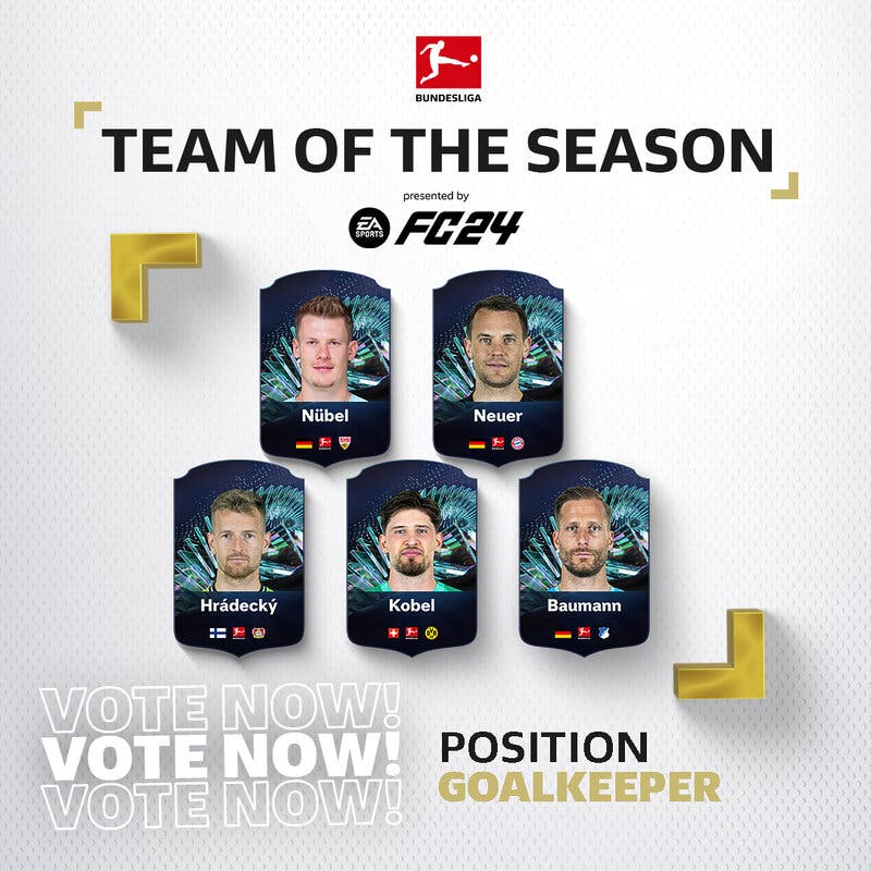 Diseño con cartas nominados a TOTS (sin media ni stats) de los porteros candidatos al TOTS de la Bundesliga para EA Sports FC 24 Ultimate Team