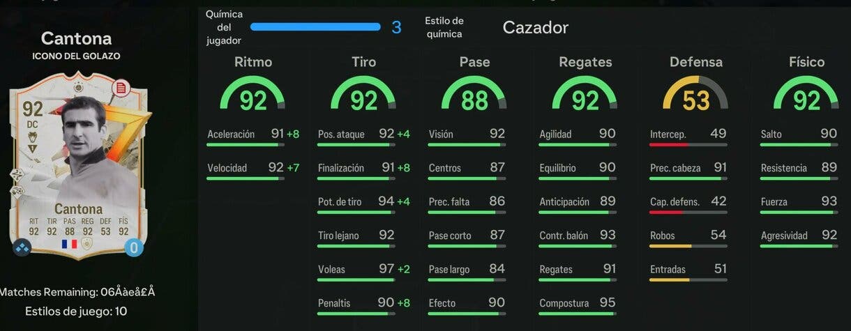 Stats in game Cantona Icono del GOLAZO EA Sports FC 24 Ultimate Team